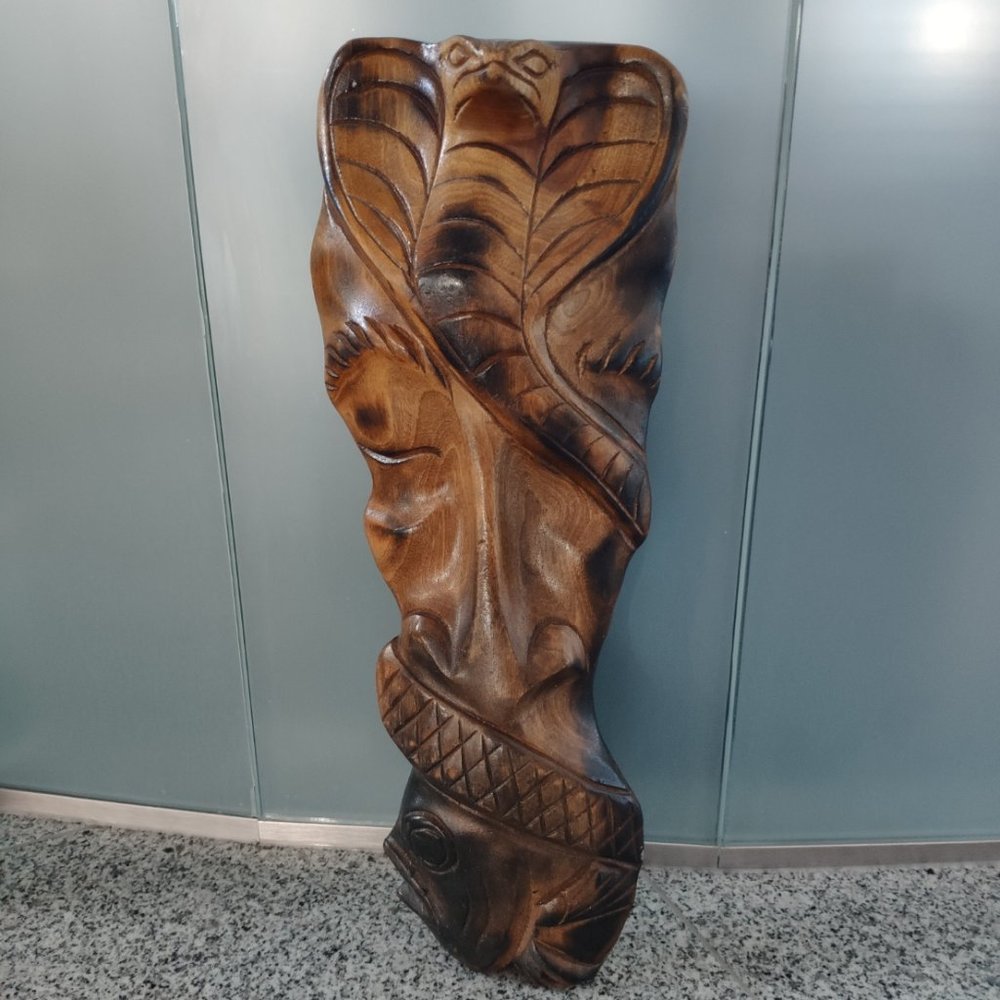 Abstract Wooden Mask Artwork VTG Hand Carved Wall Art Cobra Fish Man 20"